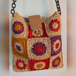 Tory Burch Raffie Multi-Color Handcrafted Crochet Block Patchwork Bag